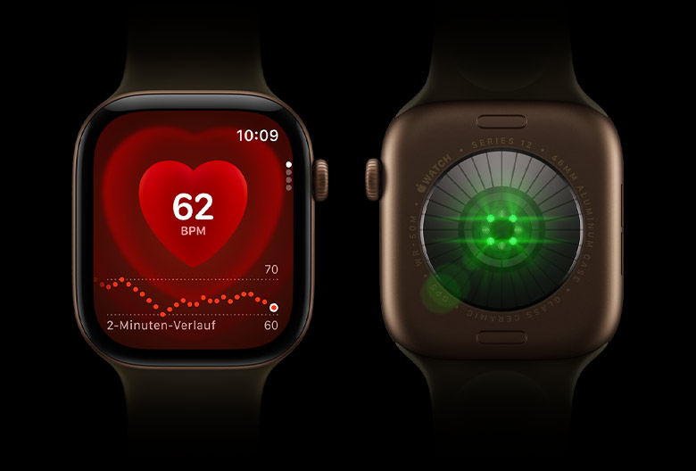 Apple Watch Series 12 mit Herzfrequenzanzeige und Sensor auf der Rückseite